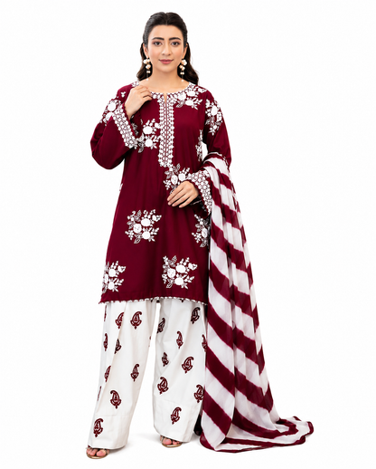 Ruby Red Premium Embroidered 3 Piece Lawn Suit