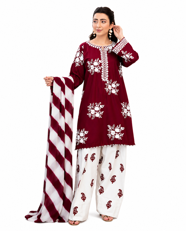 Ruby Red Premium Embroidered 3 Piece Lawn Suit