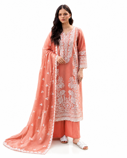 Batik Peach Blossom Premium Embroidered 3 Piece Lawn Suit