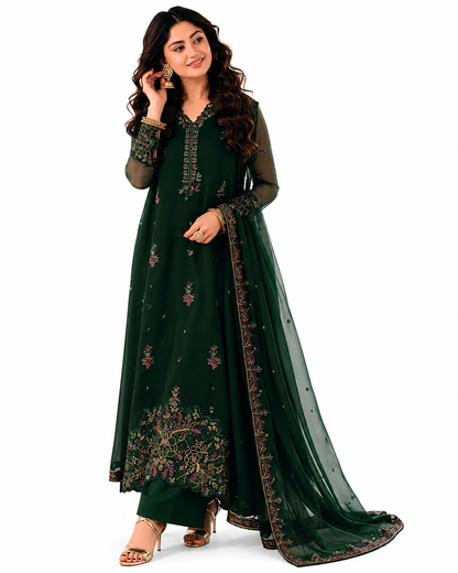 Azure Glimmer Green Premium Embroidered Luxury Lawn 3 Piece Suit | AK-3422