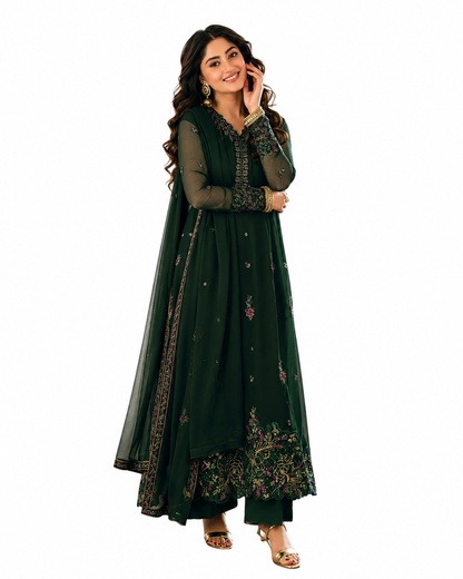 Azure Glimmer Green Premium Embroidered Luxury Lawn 3 Piece Suit | AK-3422