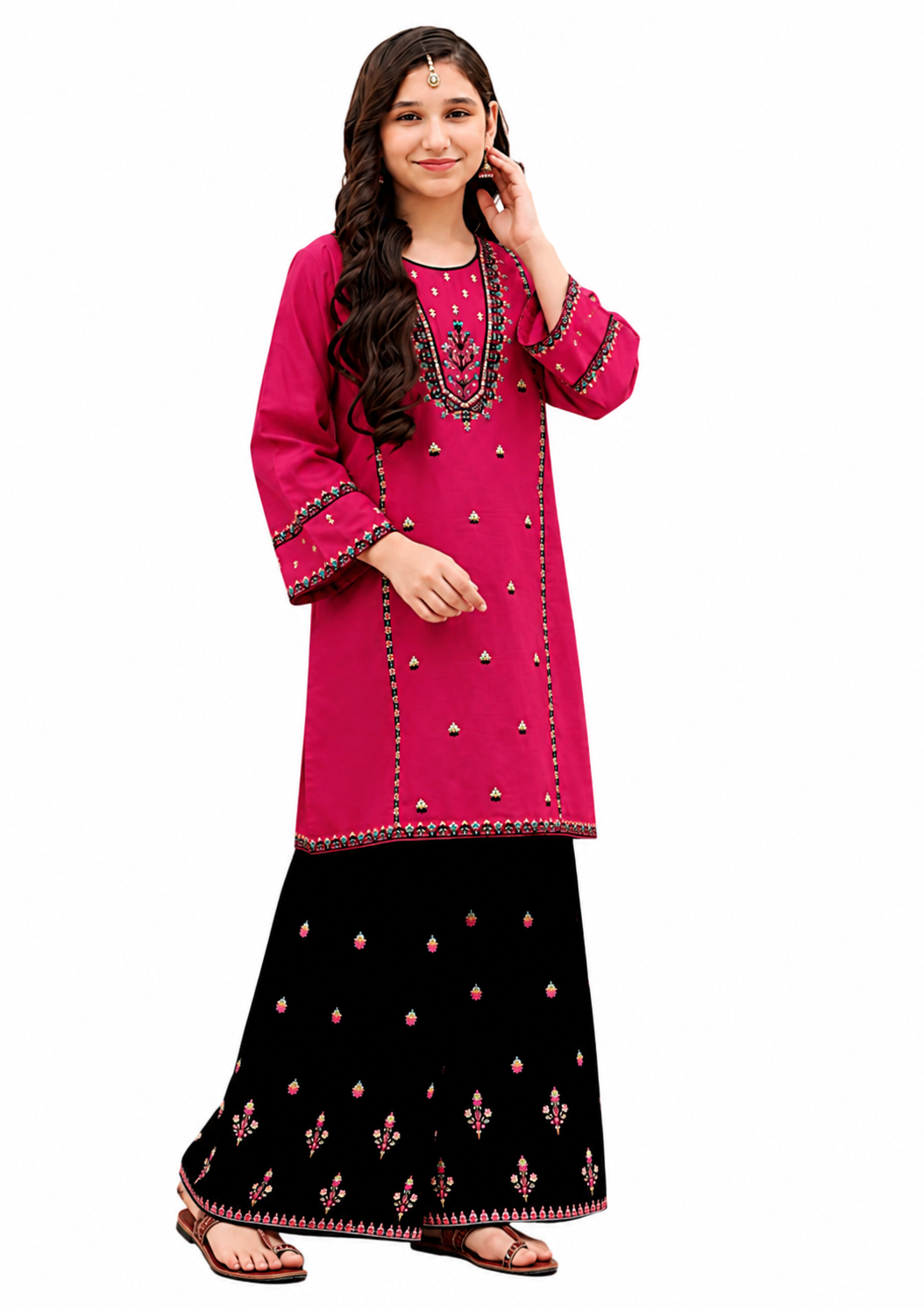 Ruby Grace Kids Embroidered Lawn 2-Piece Suit – Magenta & Black Elegance