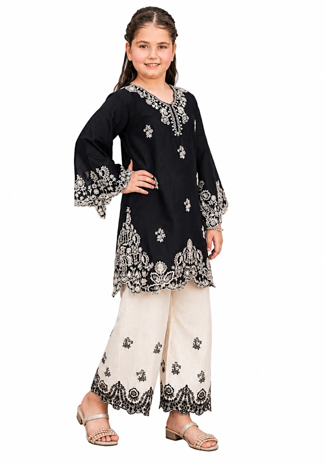 Midnight Pearl Kids Embroidered Lawn 2-Piece Suit – Black & Ivory Elegance