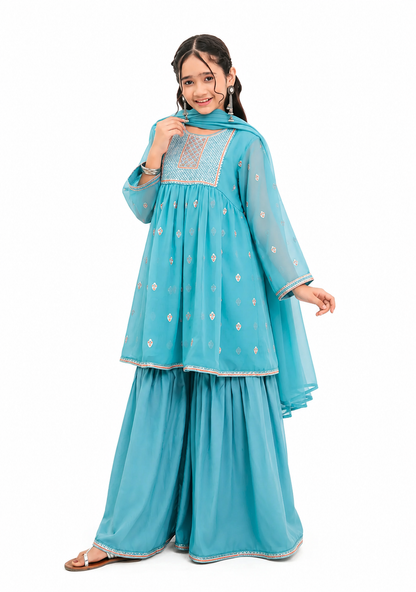 Sky Blue Embroidered Kids Lawn 2-Piece Suit – Graceful Traditional Wear
