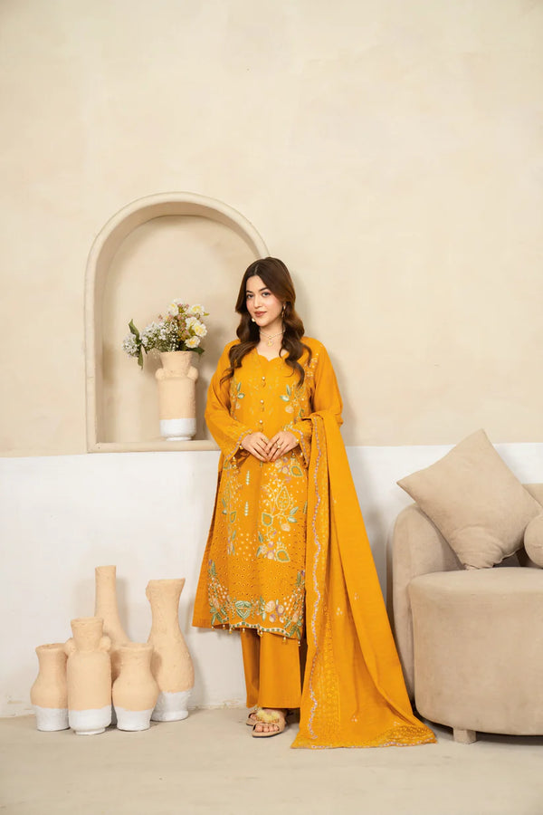 Zayan Collection – Mustard Yellow Embroidered 3-Piece Lawn Bana Dora Suit (VOL-1204)