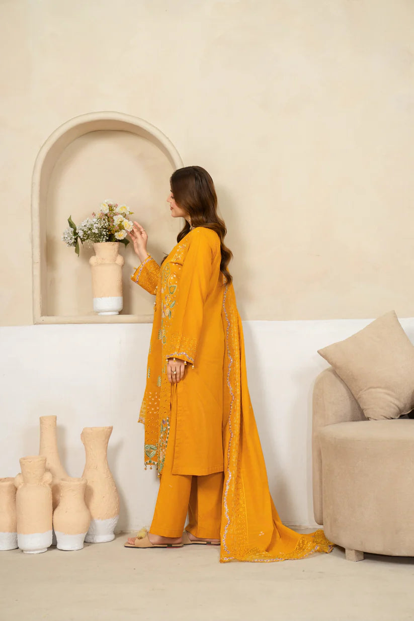 Zayan Collection – Mustard Yellow Embroidered 3-Piece Lawn Bana Dora Suit (VOL-1204)