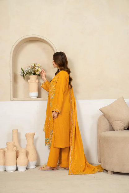 Zayan Collection – Mustard Yellow Embroidered 3-Piece Lawn Bana Dora Suit (VOL-1204)