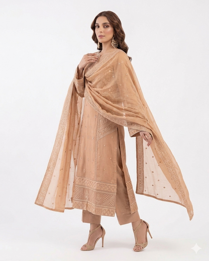 Azure Premium Embroidered Luxury Lawn 3-Piece Suit (AK-3308) - Gold/Peach