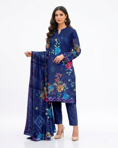 Blue Floral Digital Print Lawn Suit with Doriya Dupatta – KASHISH Zayan Collection (Vol#1101)