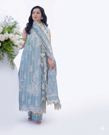 Ice Blue Luxury Embroidered 3 Piece Lawn Suit
