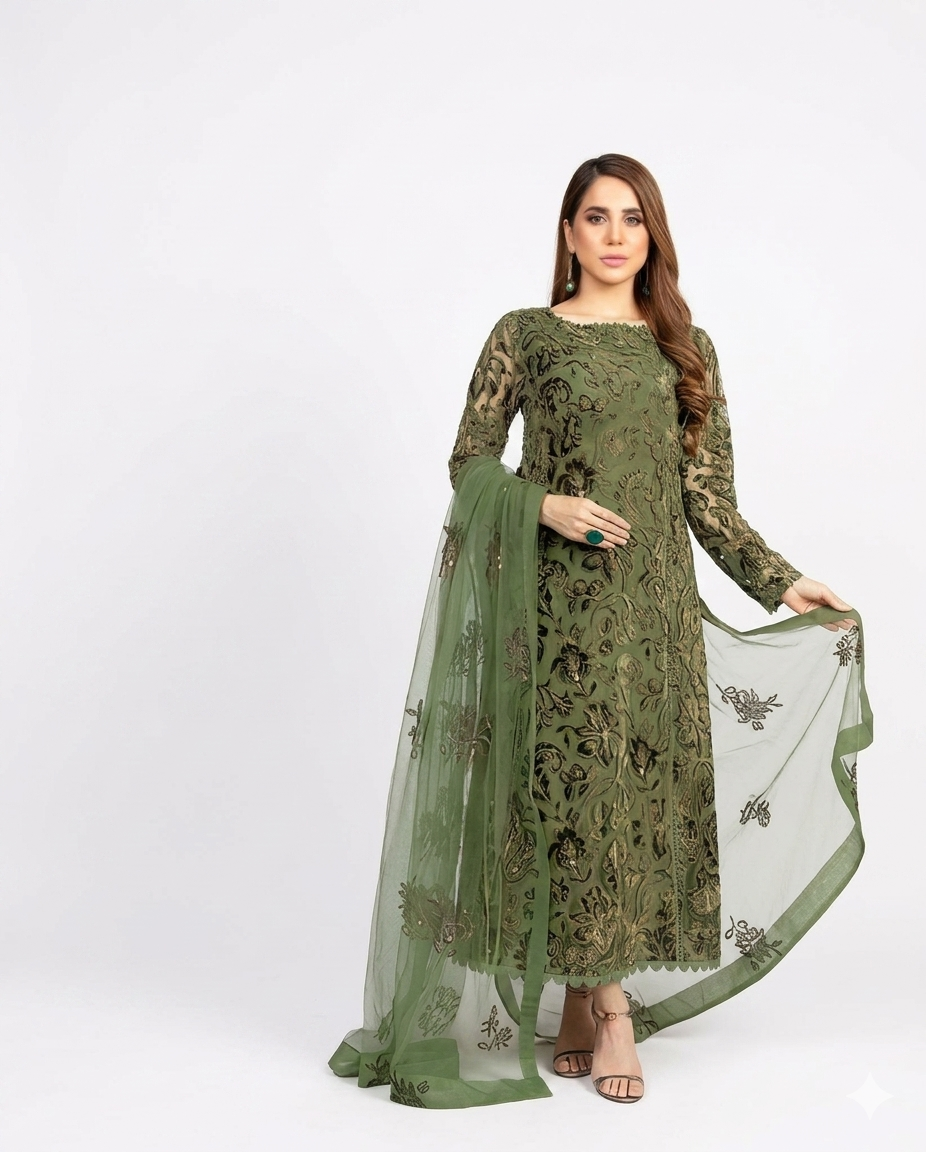 Bareeze Premium Luxury Embroidered Lawn – Olive Green Elegance