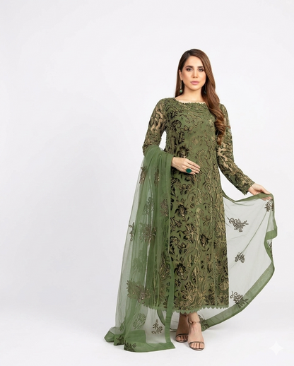 Bareeze Premium Luxury Embroidered Lawn – Olive Green Elegance