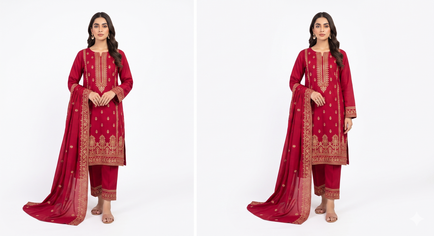Ruby Red Luxury Embroidered 3 Piece Lawn Suit
