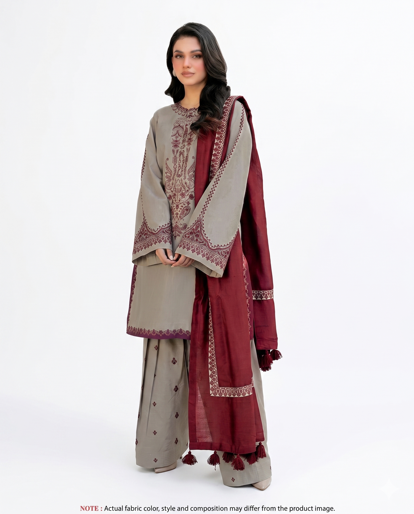 Taupe & Maroon Premium Embroidered 3 Piece Lawn Suit