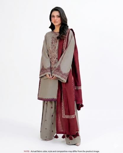 Taupe & Maroon Premium Embroidered 3 Piece Lawn Suit