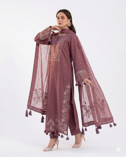 ALLYS Premium Embroidered Luxury Lawn 3-Piece Suit (AK-3334) - Plum