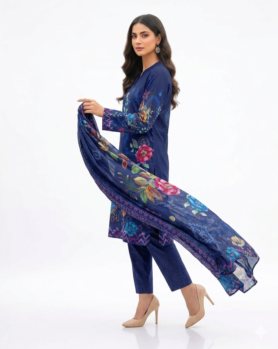Blue Floral Digital Print Lawn Suit with Doriya Dupatta – KASHISH Zayan Collection (Vol#1101)