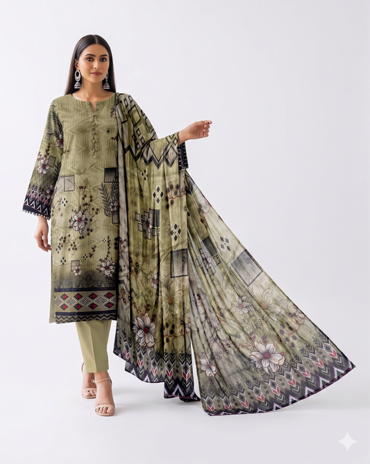 Zayan Collection: Digital Lawn "Bana Dora" in Sage Olive