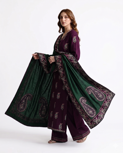 Royal Plum Premium Embroidered 3 Piece Lawn Suit with Emerald Dupatta