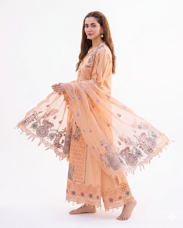 Peach Blossom Luxury Embroidered 3 Piece Lawn Suit