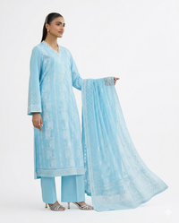 Aura Premium Embroidered 3-Piece Luxury Lawn Suit – Sky Blue Serenity