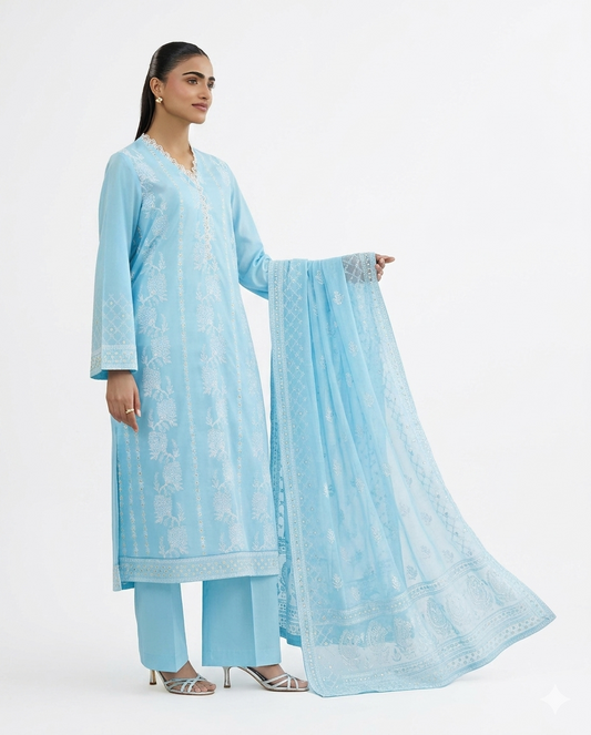 Aura Premium Embroidered 3-Piece Luxury Lawn Suit – Sky Blue Serenity