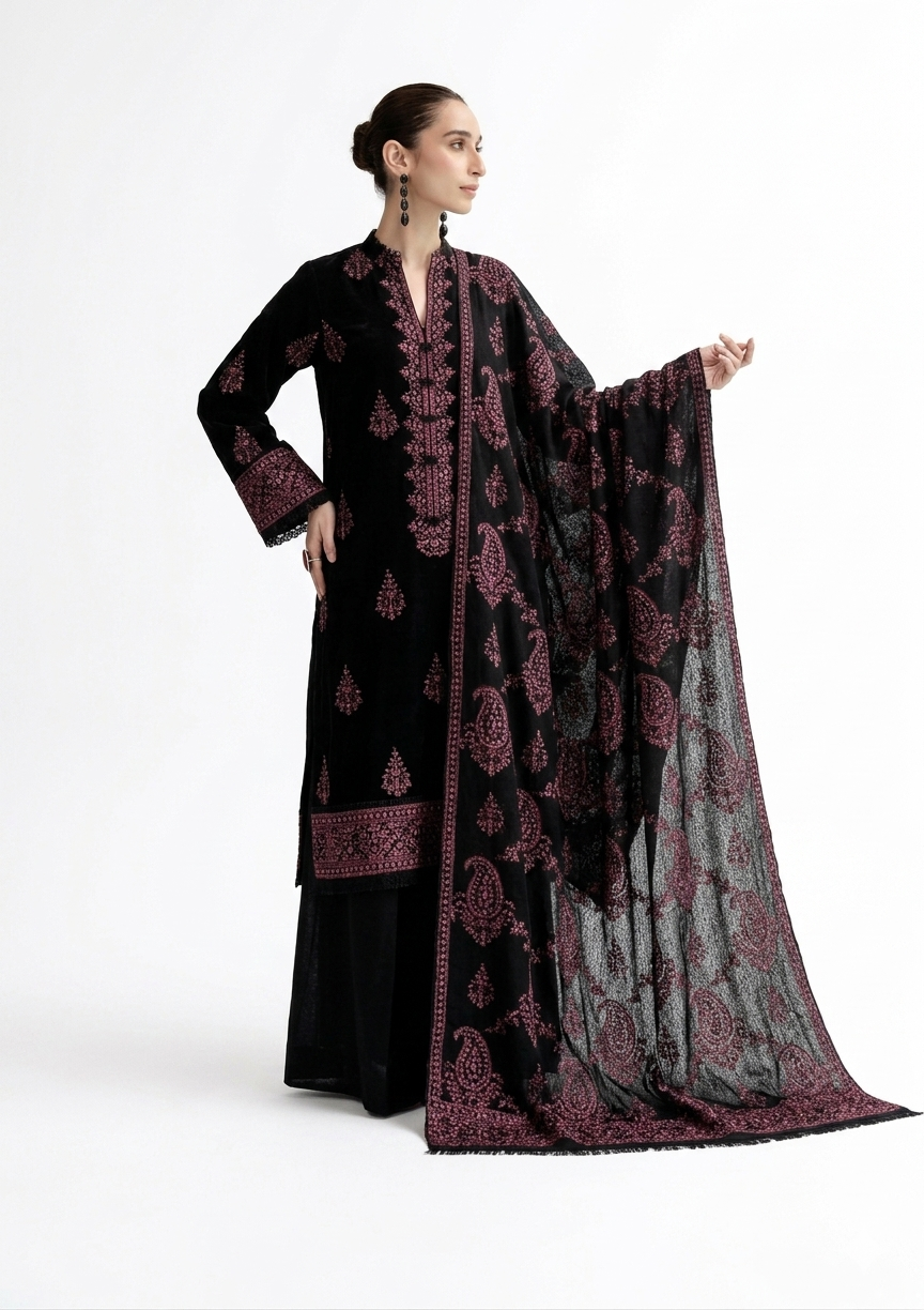 Elegant Black Embroidered Three-Piece Suit with Velvet Kurta and Sheer Dupatta