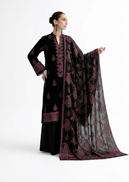 Elegant Black Embroidered Three-Piece Suit with Velvet Kurta and Sheer Dupatta