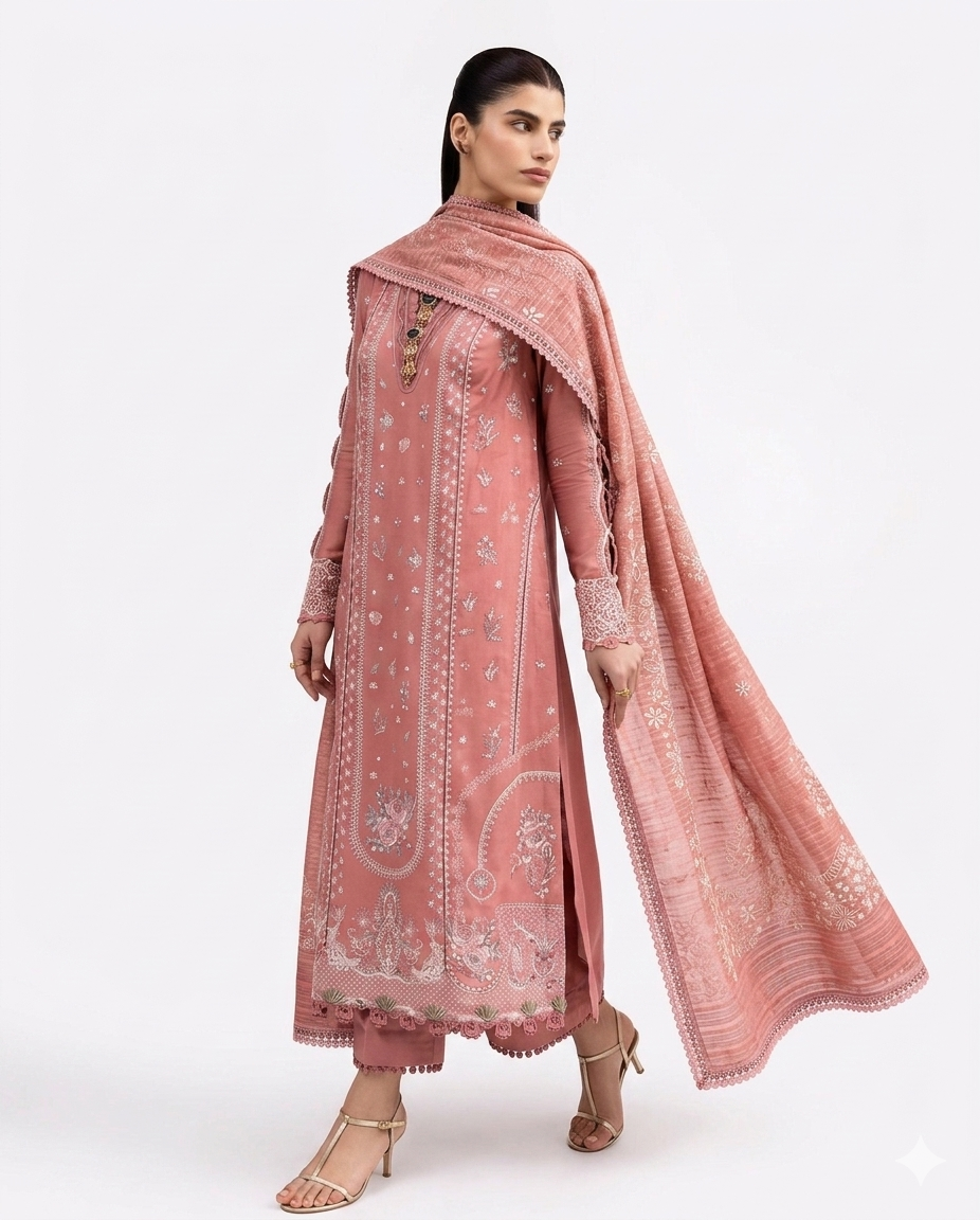 Qalamkar Moya Premium Embroidered Luxury Lawn – Terracotta Rose