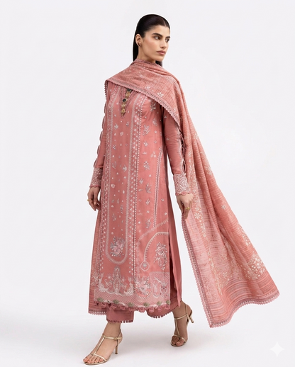 Qalamkar Moya Premium Embroidered Luxury Lawn – Terracotta Rose