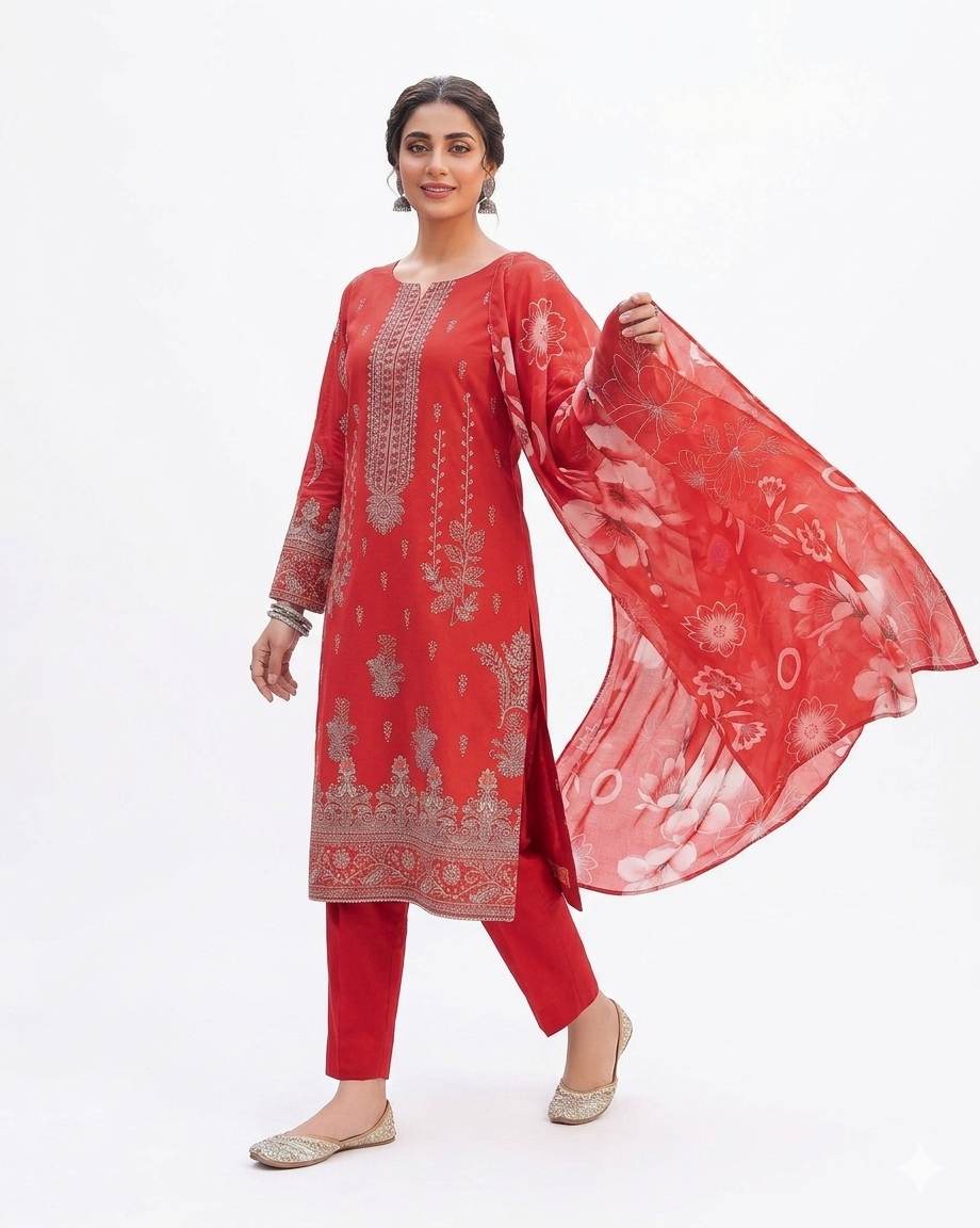 Zayan Collection – Lawn Bana Dora in Vibrant Crimson