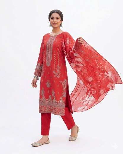 Zayan Collection – Lawn Bana Dora in Vibrant Crimson