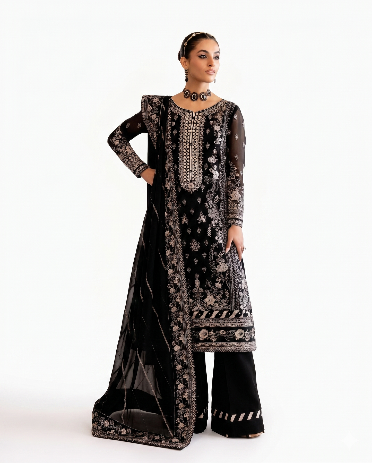 Midnight Black Luxury Embroidered 3 Piece Lawn Suit