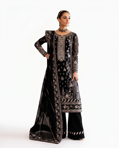 Midnight Black Luxury Embroidered 3 Piece Lawn Suit