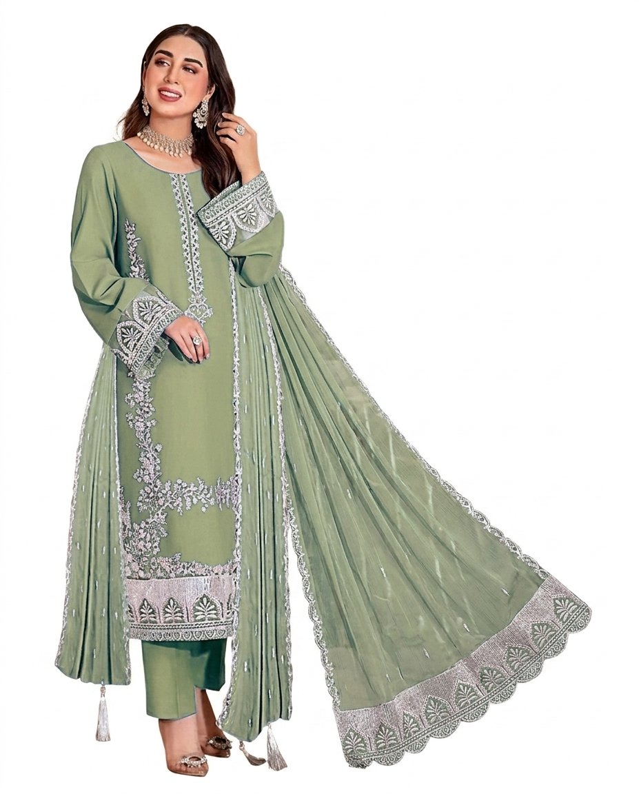 Title: Sage Green Premium Embroidered Luxury Lawn 3-Piece Suit – AK-3371