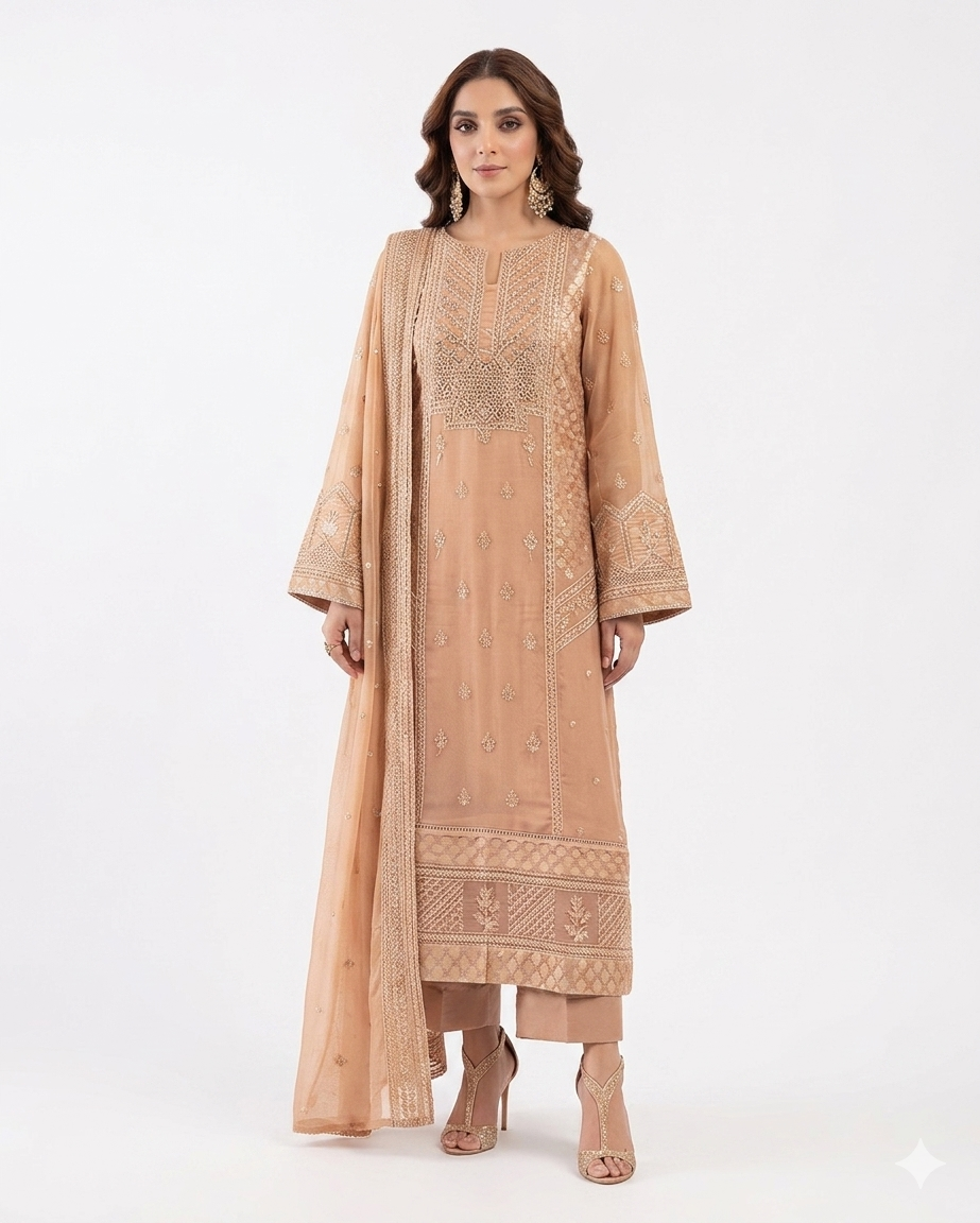 Azure Premium Embroidered Luxury Lawn 3-Piece Suit (AK-3308) - Gold/Peach
