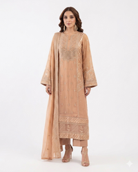 Azure Premium Embroidered Luxury Lawn 3-Piece Suit (AK-3308) - Gold/Peach
