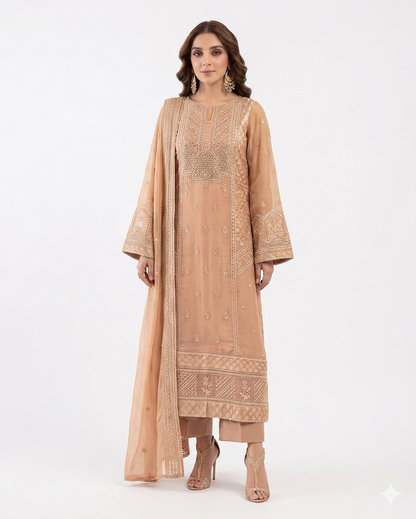 Azure Premium Embroidered Luxury Lawn 3-Piece Suit (AK-3308) - Gold/Peach