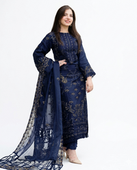 Nisa Premium Luxury Embroidered Lawn – Midnight Blue Majesty