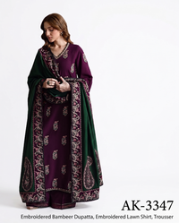 Royal Plum Premium Embroidered 3 Piece Lawn Suit with Emerald Dupatta