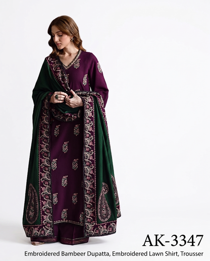 Royal Plum Premium Embroidered 3 Piece Lawn Suit with Emerald Dupatta