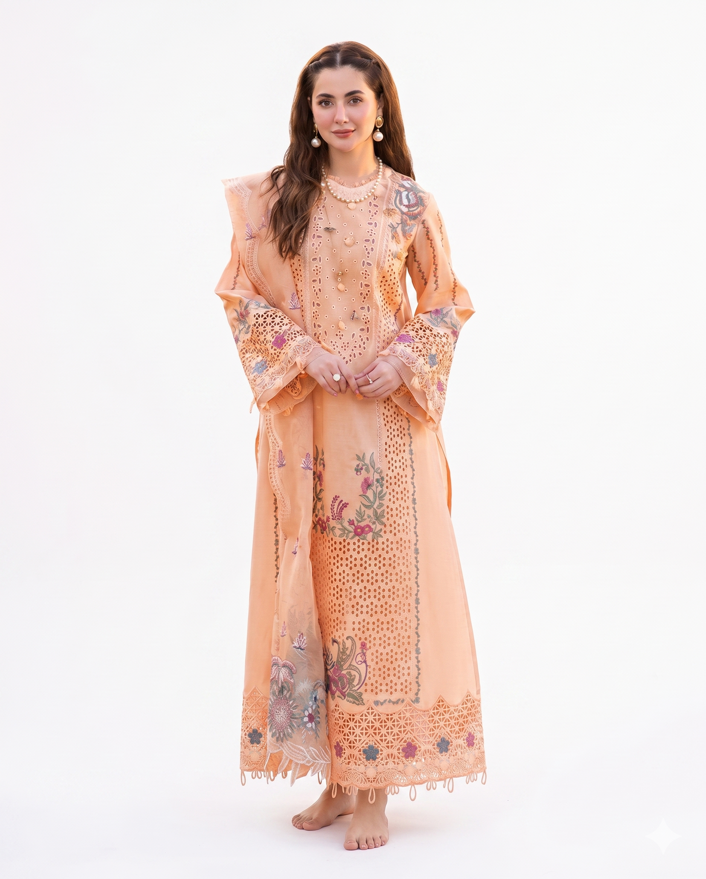 Peach Blossom Luxury Embroidered 3 Piece Lawn Suit