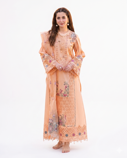Peach Blossom Luxury Embroidered 3 Piece Lawn Suit