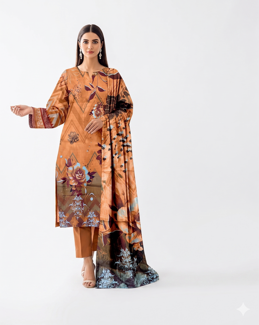 Sunset Floral Fusion: 3-Piece Printed Lawn Suit