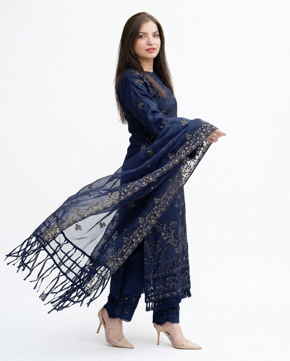 Nisa Premium Luxury Embroidered Lawn – Midnight Blue Majesty