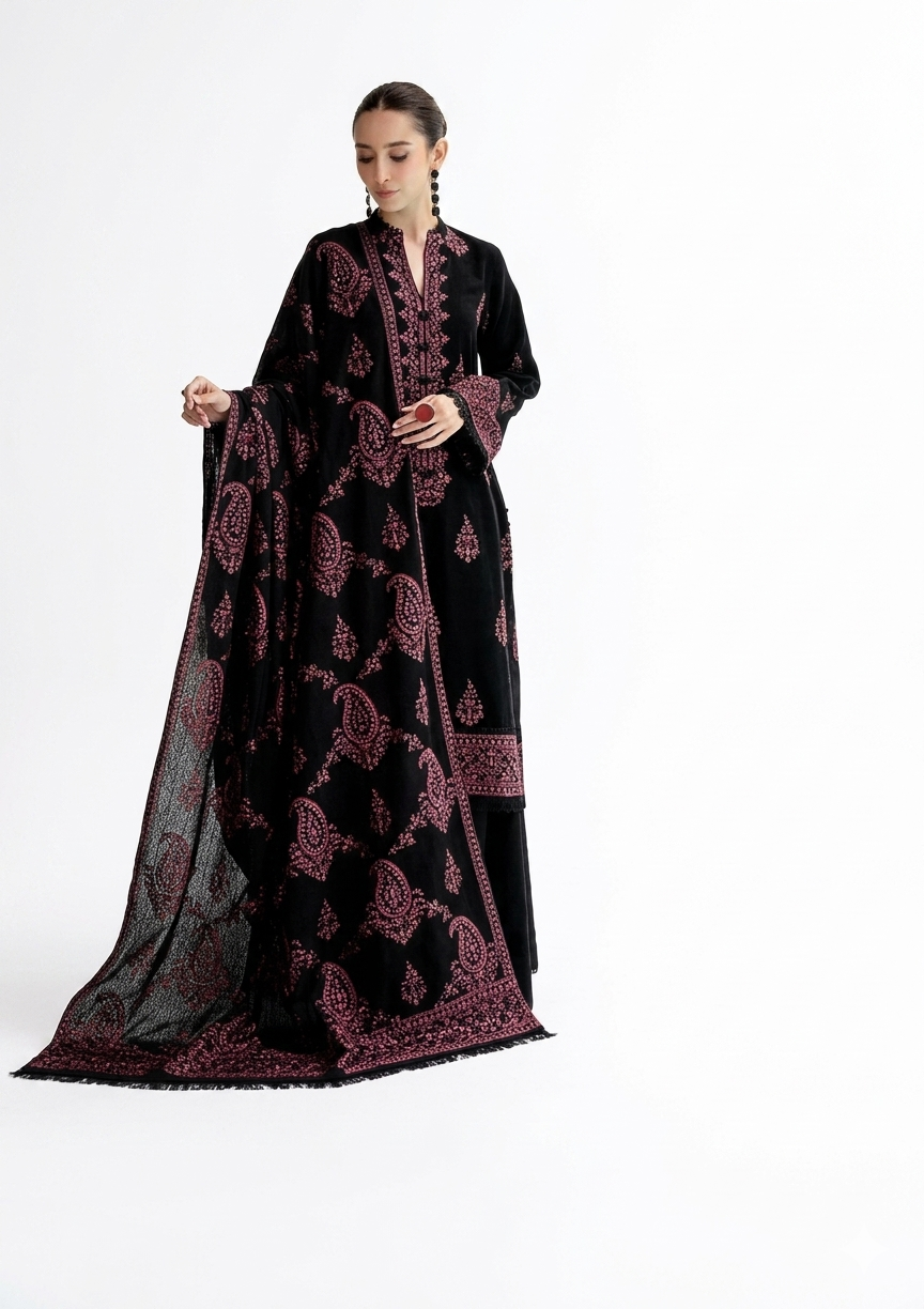 Elegant Black Embroidered Three-Piece Suit with Velvet Kurta and Sheer Dupatta