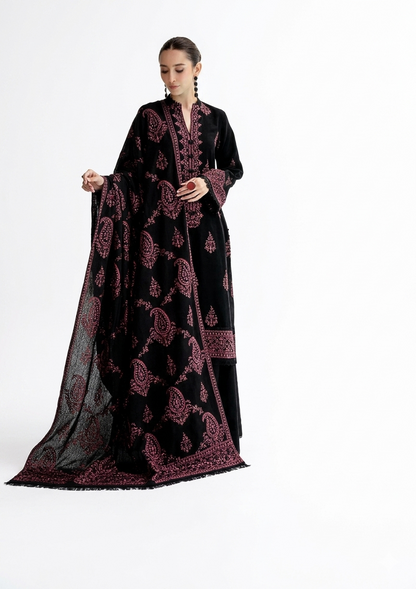 Elegant Black Embroidered Three-Piece Suit with Velvet Kurta and Sheer Dupatta