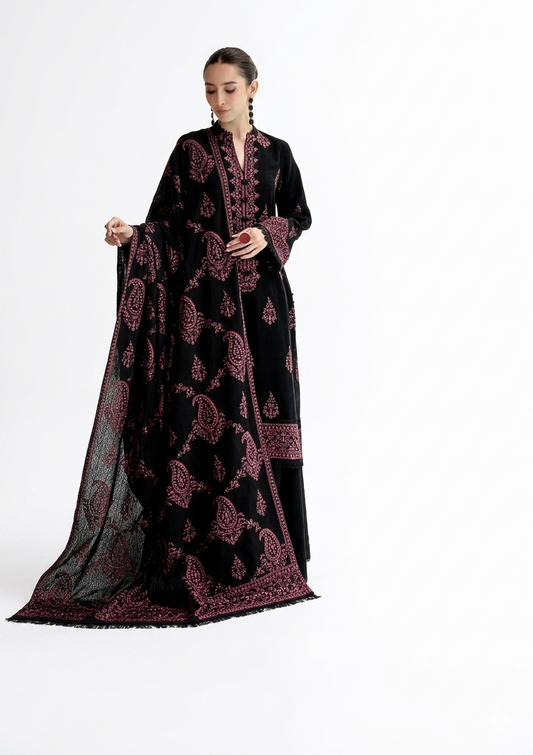 Elegant Black Embroidered Three-Piece Suit with Velvet Kurta and Sheer Dupatta