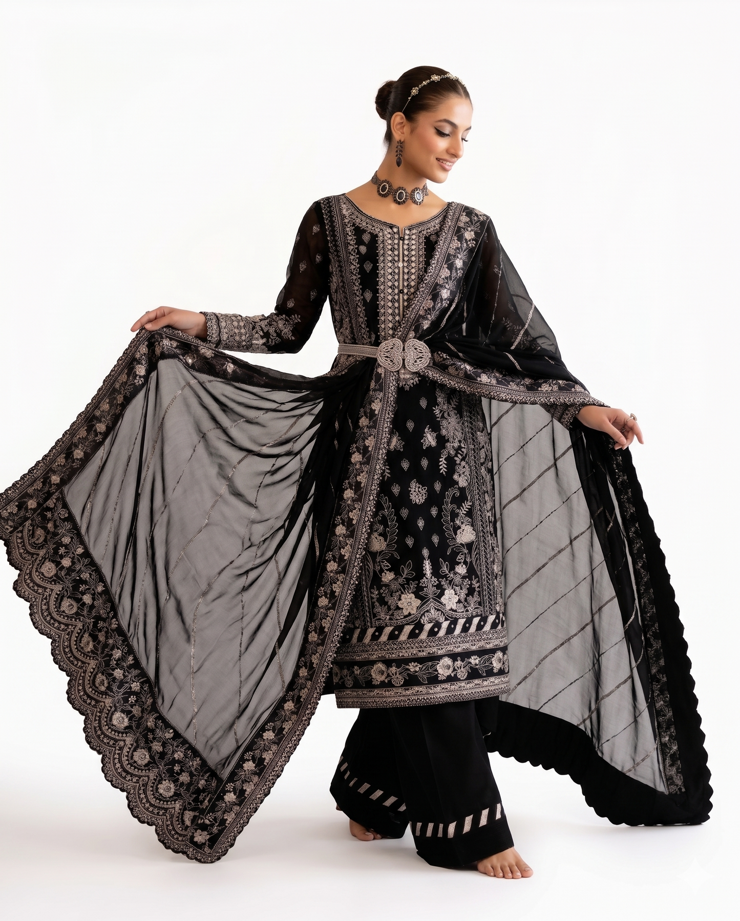 Midnight Black Luxury Embroidered 3 Piece Lawn Suit