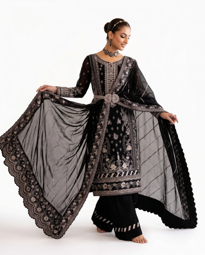 Midnight Black Luxury Embroidered 3 Piece Lawn Suit